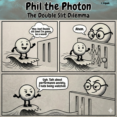 Alt Text: A black-and-white, three-panel comic strip titled "Phil the Photon: The Double Slit Dilemma."

Panel 1: Phil, a round, smiling particle, is surfing excitedly on a wave toward a barrier with two vertical slits. Phil thinks, "Woo-hoo! Double slit time! I'm gonna be a wave!"

Panel 2: A giant, stern face wearing glasses (representing the Observer) suddenly peers over the top of the barrier and says, "Ahem." Phil looks startled and awkward as his wave begins to disappear.

Panel 3: Phil is now standing still, looking annoyed and shrugging his arms. He complains to the staring Observer, "Ugh. Talk about performance anxiety. I hate being watched." The Observer looks on with a smirk.